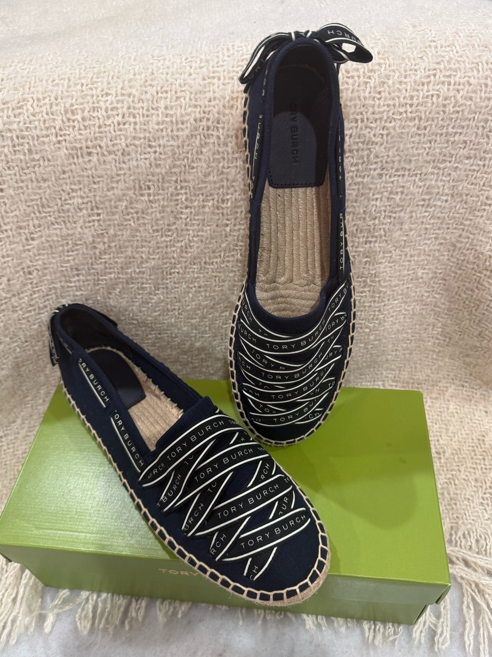 Tory Burch Ribbon Espadrille Flats Navy NIB Size 9.5 M